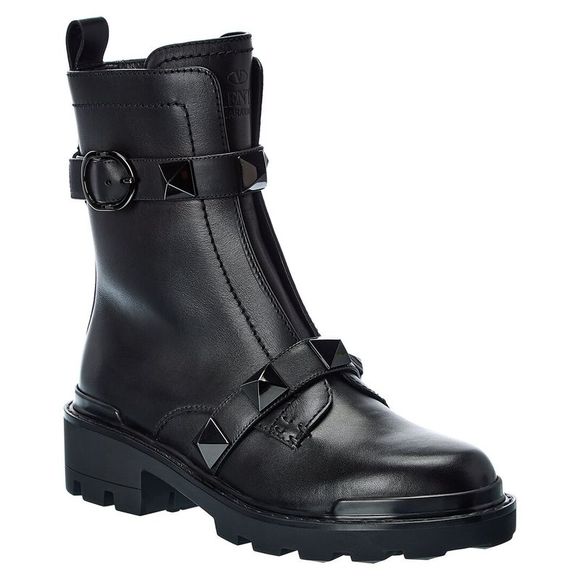 Valentino Roman Stud Leather Combat Boot, Black